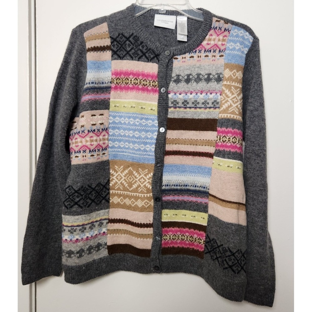 Liz Claiborne Sport Patchwork‎ Cardigan Sweater Gray Wool Rabbit Hair Angora Med